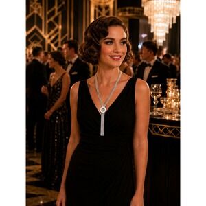 Silver Tone Rhinestone Lariat Necklace Tassel Statement Gatsby Flapper Glam 21"